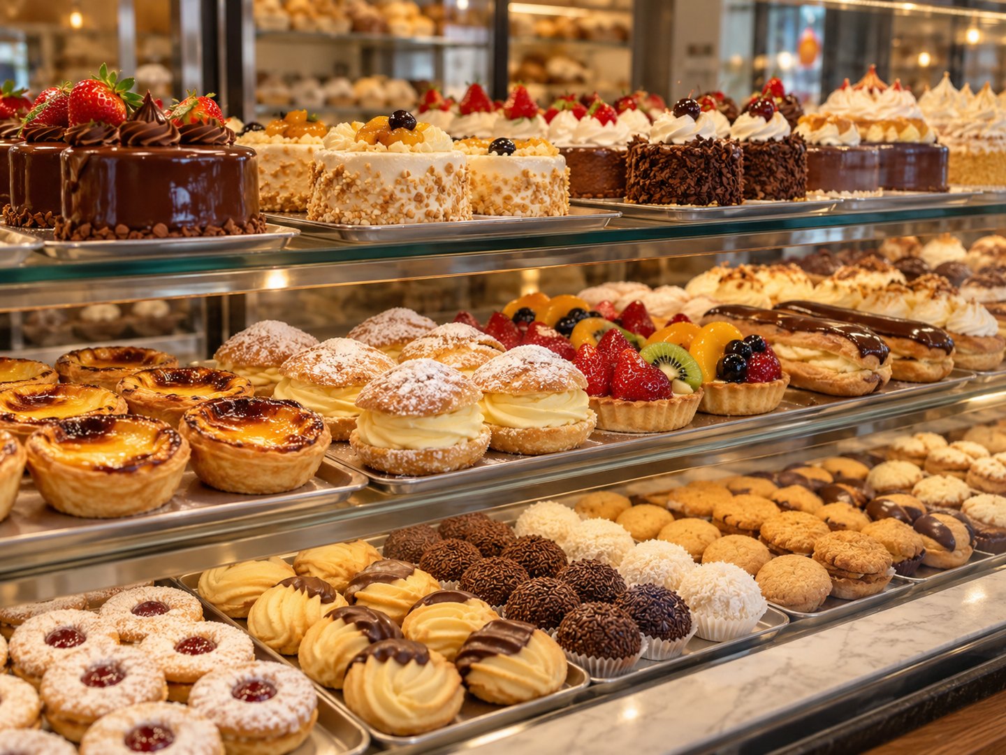 Imagem ilustrativa de bolos, doces e sobremesas em vitrine de confeitaria
