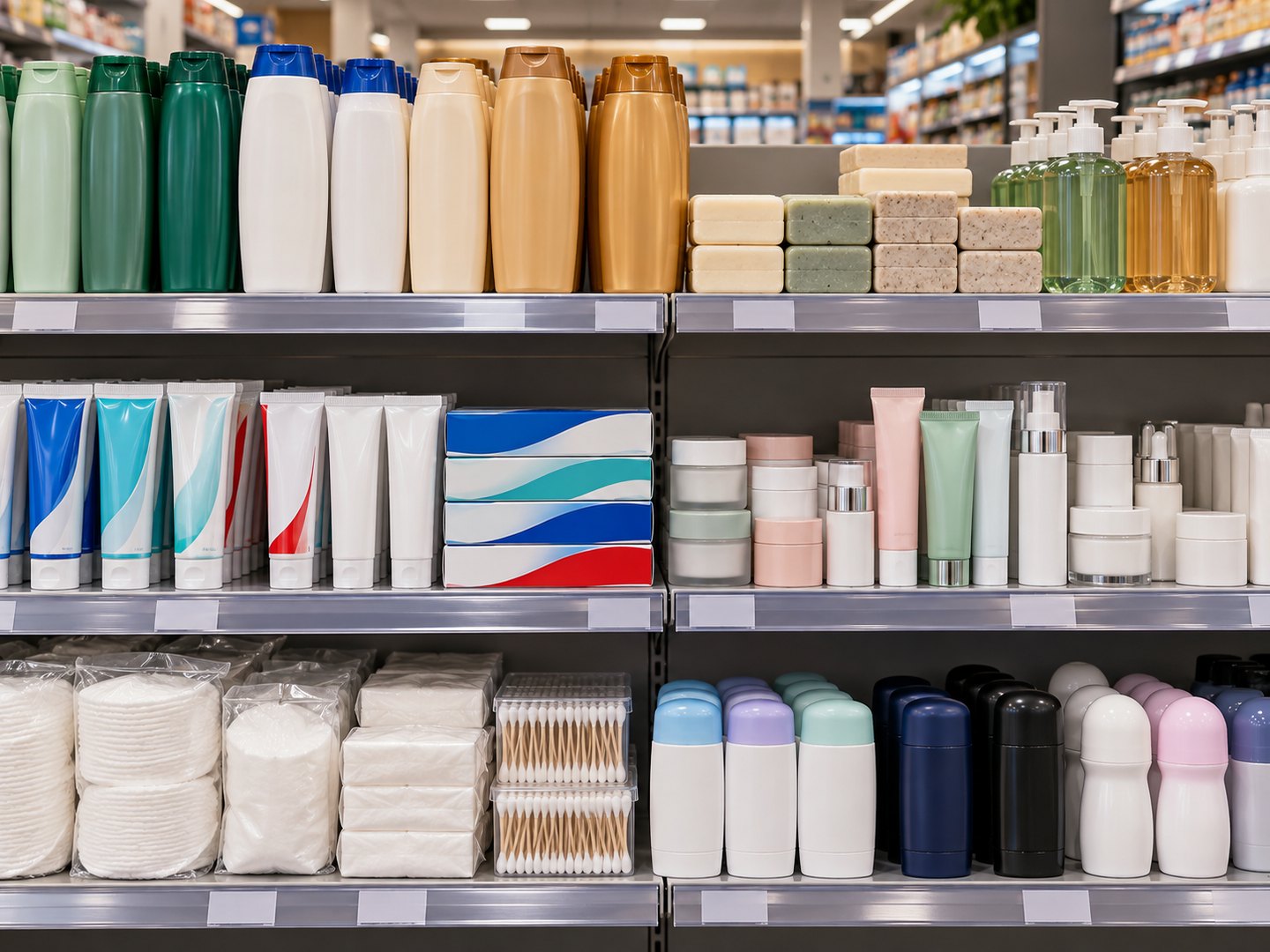 Imagem ilustrativa de produtos de higiene e cuidados pessoais em prateleira