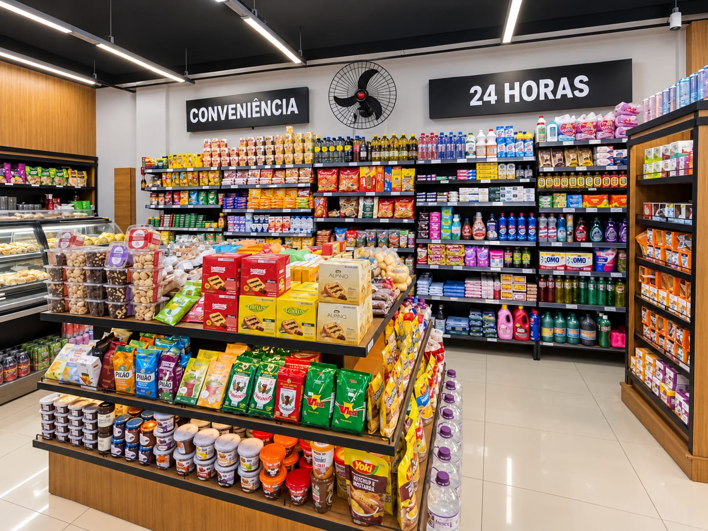 Prateleiras de produtos de mercearia na Makropão